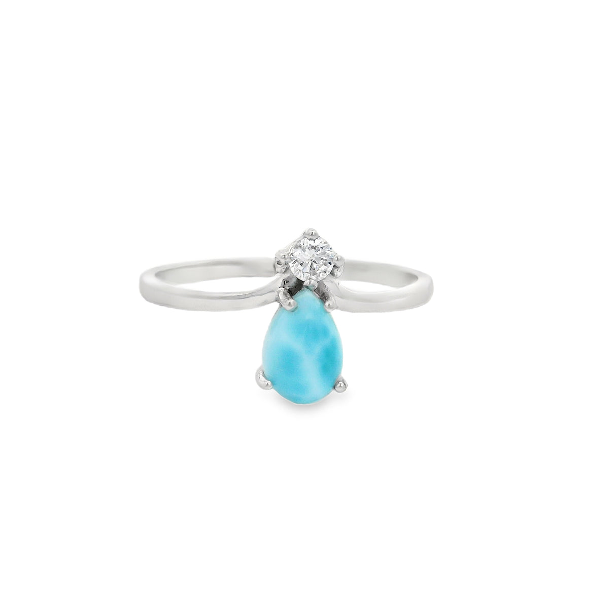 Larimar Teardrop Prong Set Ring with Single White Topaz Round Prong Set