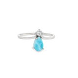 Larimar Teardrop Prong Set Ring with Single White Topaz Round Prong Set
