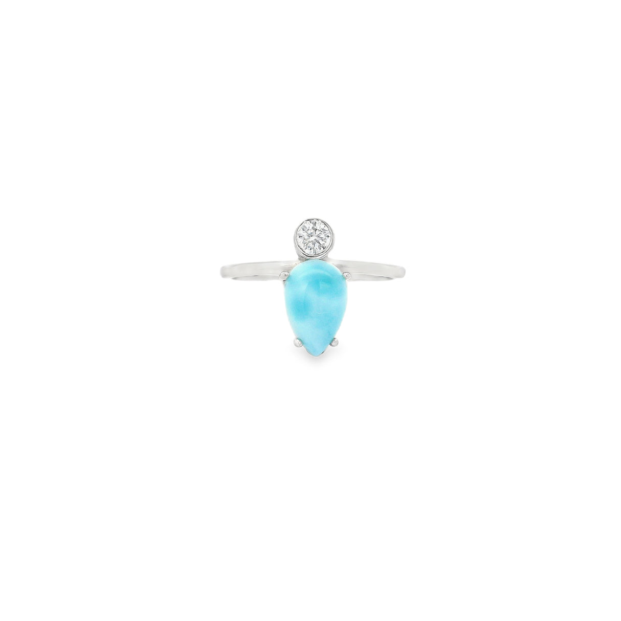 Larimar Teardrop Prong Set Ring with White Topaz - Single Round Bezel Set