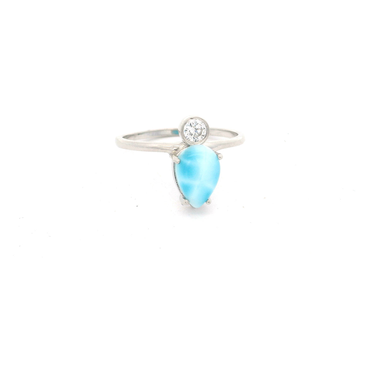 Larimar Teardrop Prong Set Ring with White Topaz - Single Round Bezel Set