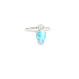 Larimar Teardrop Prong Set Ring with White Topaz - Single Round Bezel Set