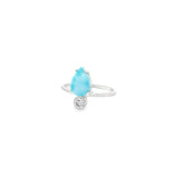 Larimar Teardrop Prong Set Ring with White Topaz - Single Round Bezel Set