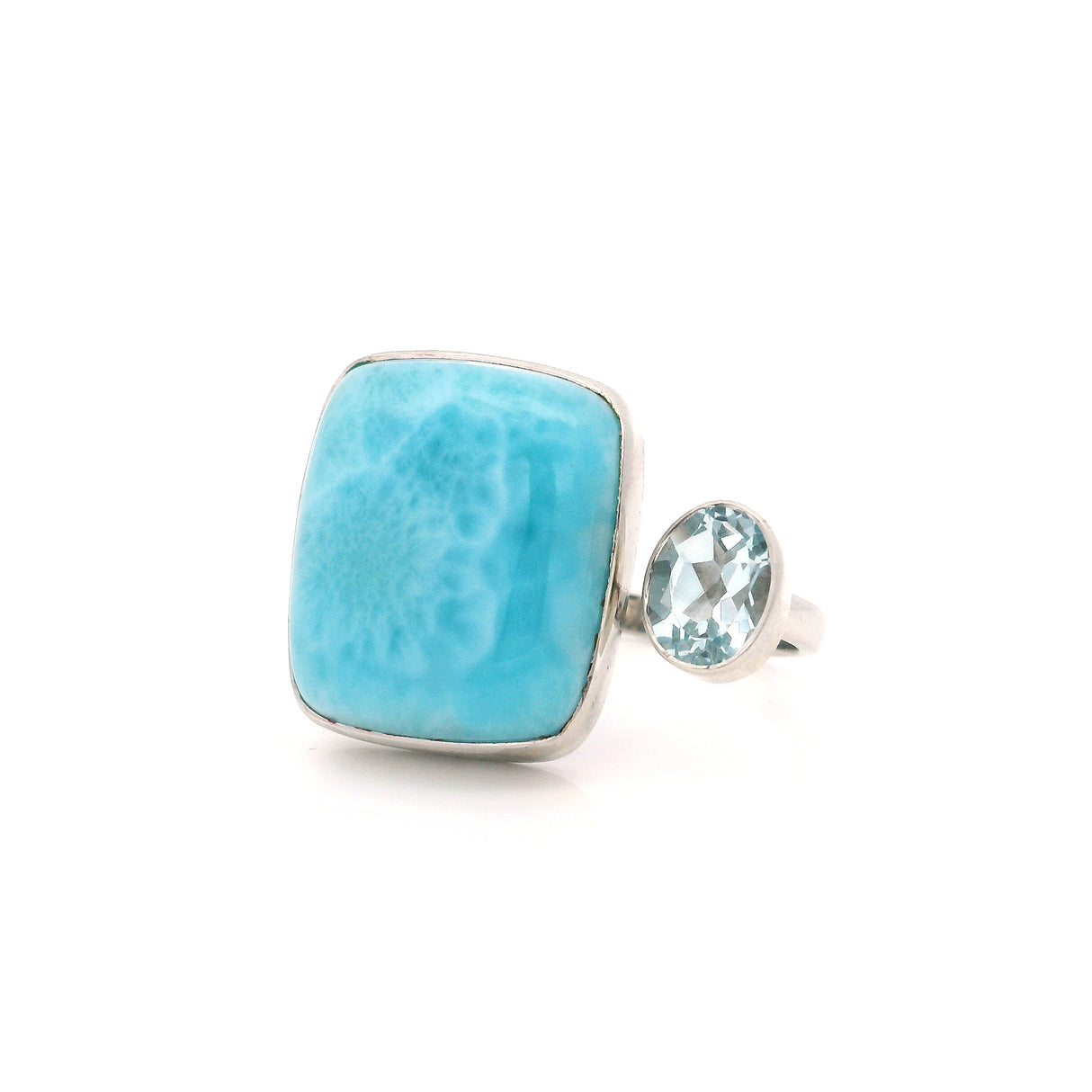 Duo Gemstone Ring Adjustable Horse Shoe - Larimar & Blue Topaz - Rectangle, Oval