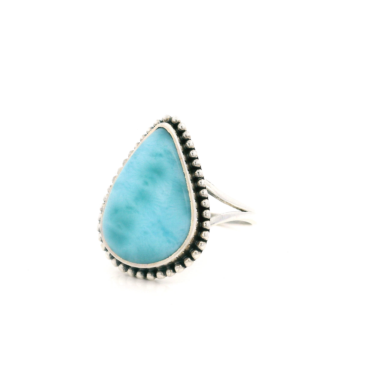 Ball Point Stud Bezel Design on Delicate Open V Band - Larimar Teardrop