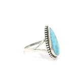 Ball Point Stud Bezel Design on Delicate Open V Band - Larimar Teardrop
