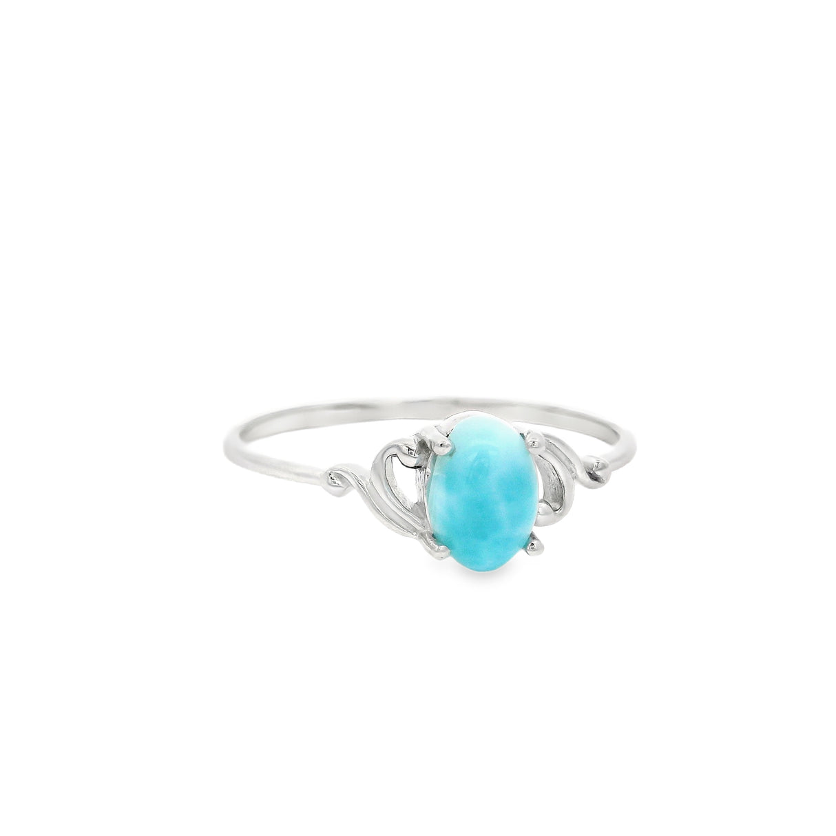 Larimar Ring on Rhodium Vermeil Band - Prong Set Oval in Swirl Design Band