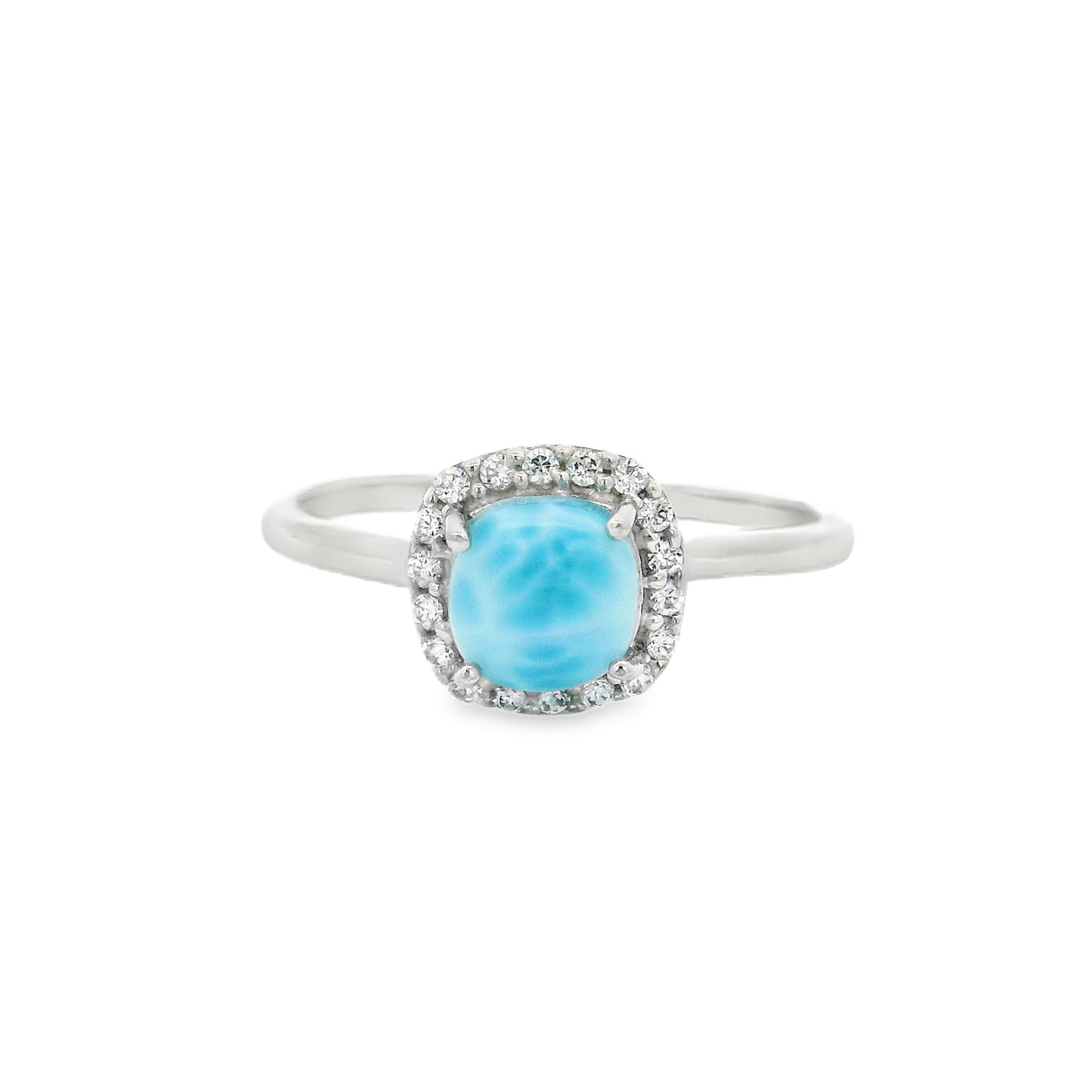 Larimar Ring in Rhodium Vermeil Band Prong Set Square with Cz Halo Design