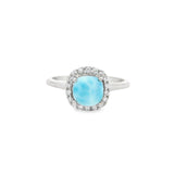 Larimar Ring in Rhodium Vermeil Band Prong Set Square with Cz Halo Design