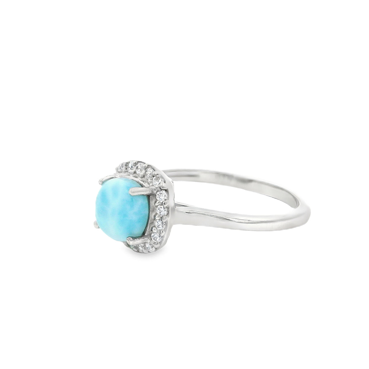 Larimar Ring in Rhodium Vermeil Band Prong Set Square with Cz Halo Design