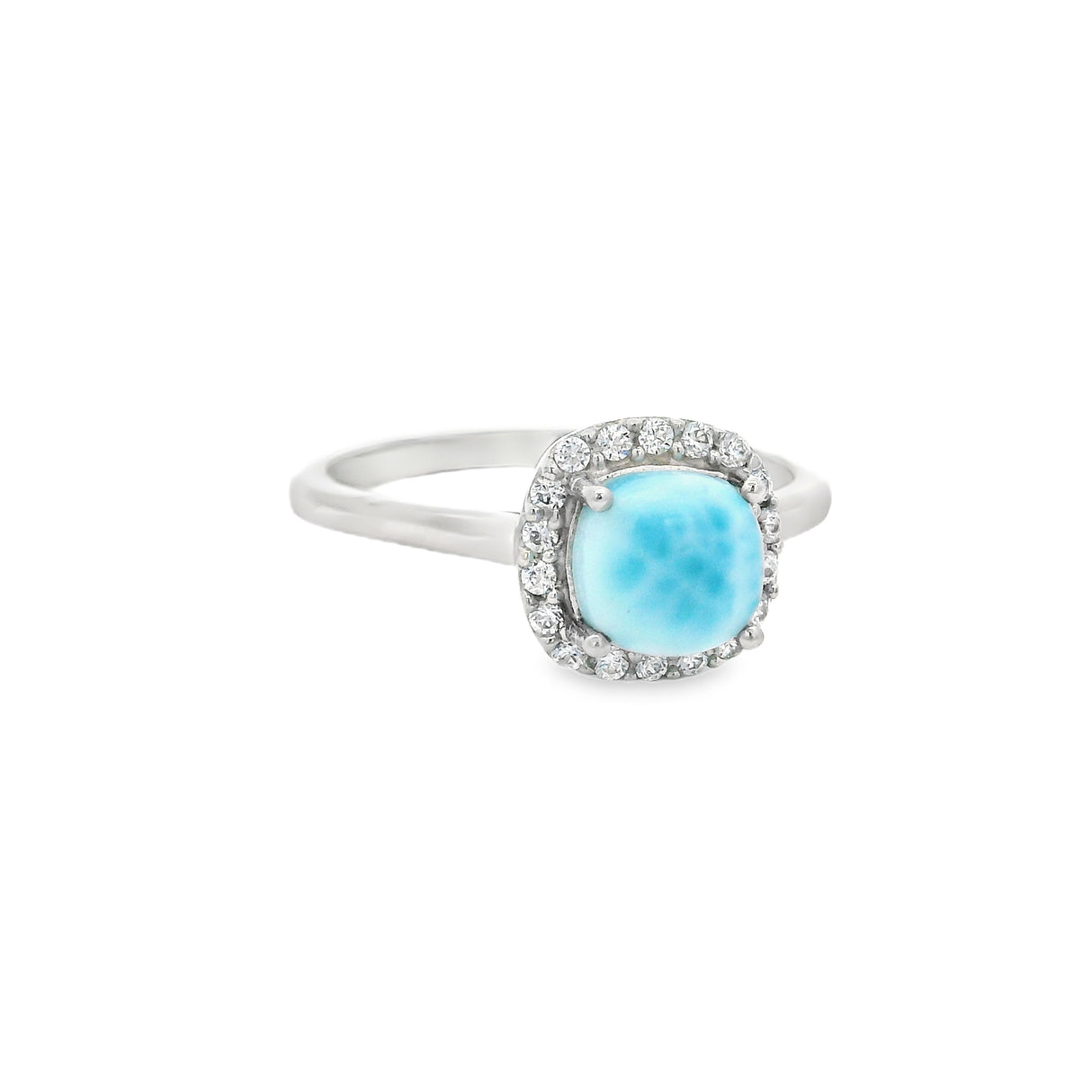 Larimar Ring in Rhodium Vermeil Band Prong Set Square with Cz Halo Design