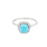 Larimar Ring in Rhodium Vermeil Band Prong Set Square with Cz Halo Design