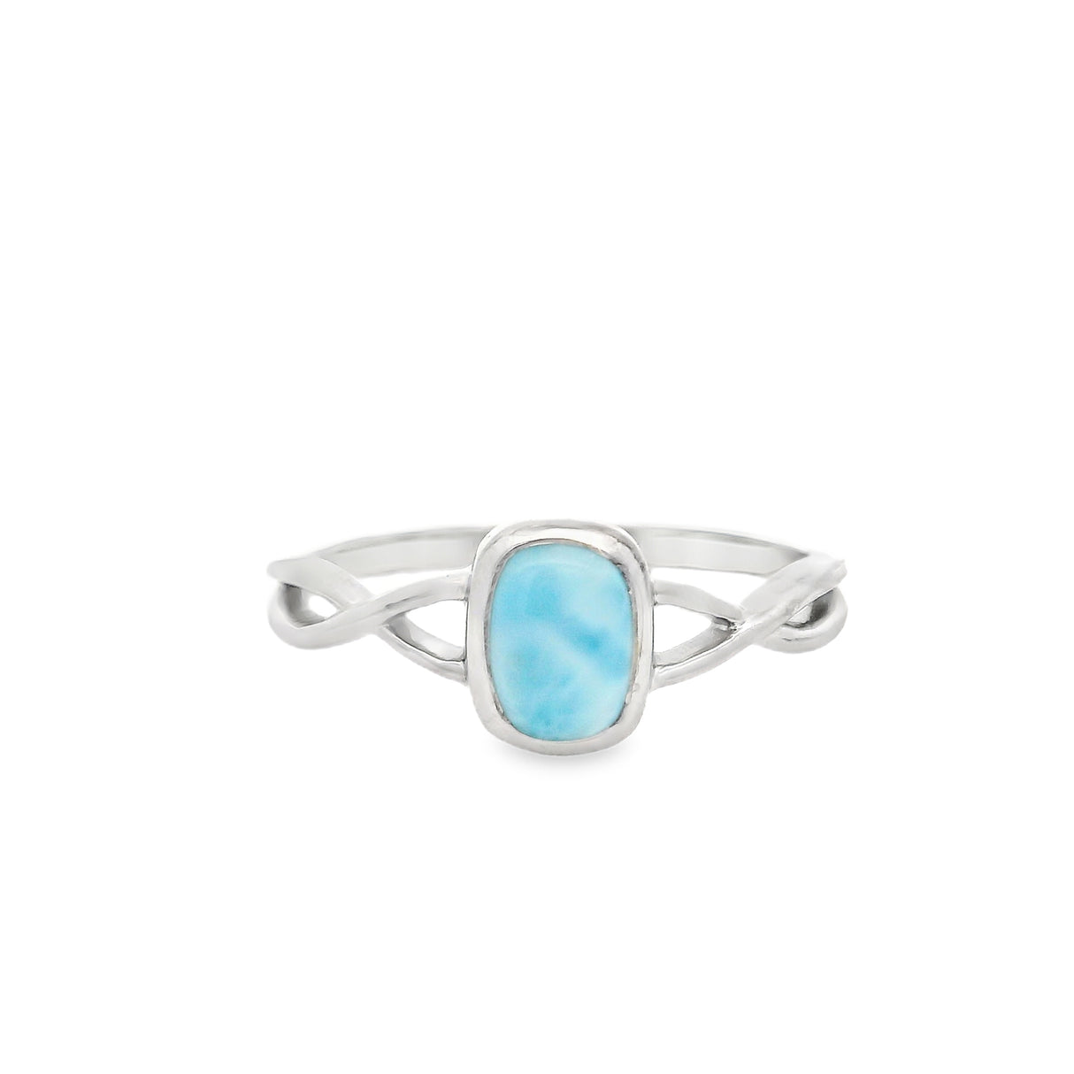 Helix Band Larimar Ring - Bezel Set in Rhodium Vermeil - Small Rectangle