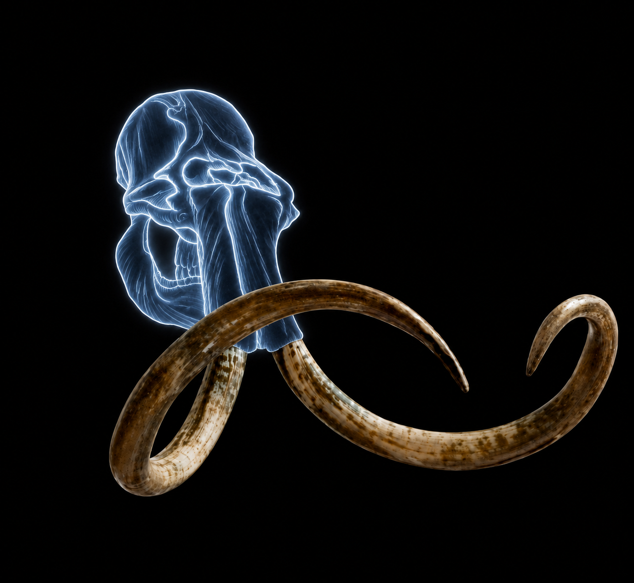 Ghosted mammoth skull graphic with the actual banded Alaskan tusks showing how they curved in life
