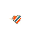 Multi color opal inlaid heart ring with orange, white and blue-green opal stripes in a silver bezel