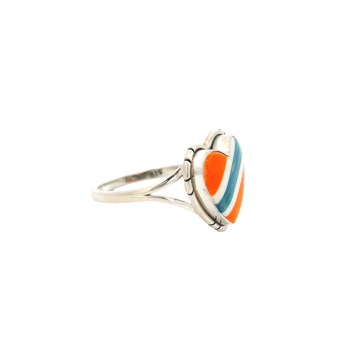 Multi color opal inlaid heart ring, side view of orange and teal opal stripes on a 925 silver band