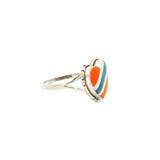 Multi color opal inlaid heart ring, side view of orange and teal opal stripes on a 925 silver band