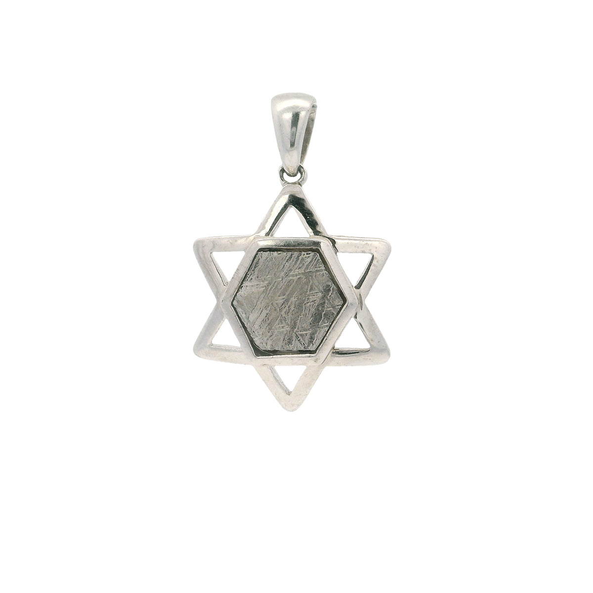 Pendentif météorite Muonionalusta - Hexagone serti dans une étoile de David ajourée en argent sterling 925