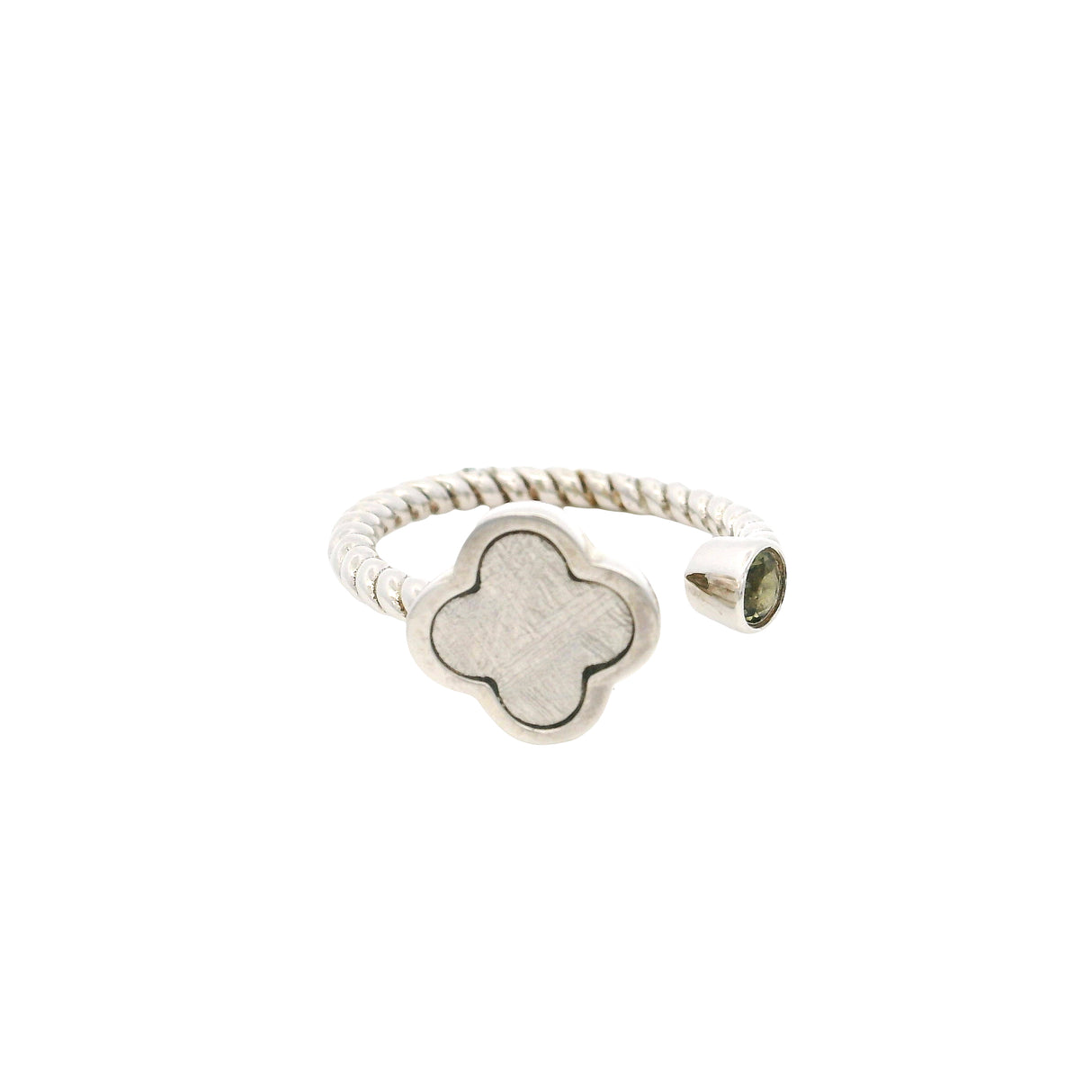 Muonionalusta Meteorite Quatrefoil & Moldavite Ring in Size 5 - Open Duo on Rope Band with Rhodium Overlay