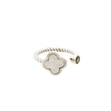 Muonionalusta Meteorite Quatrefoil & Moldavite Ring in Size 5 - Open Duo on Rope Band with Rhodium Overlay