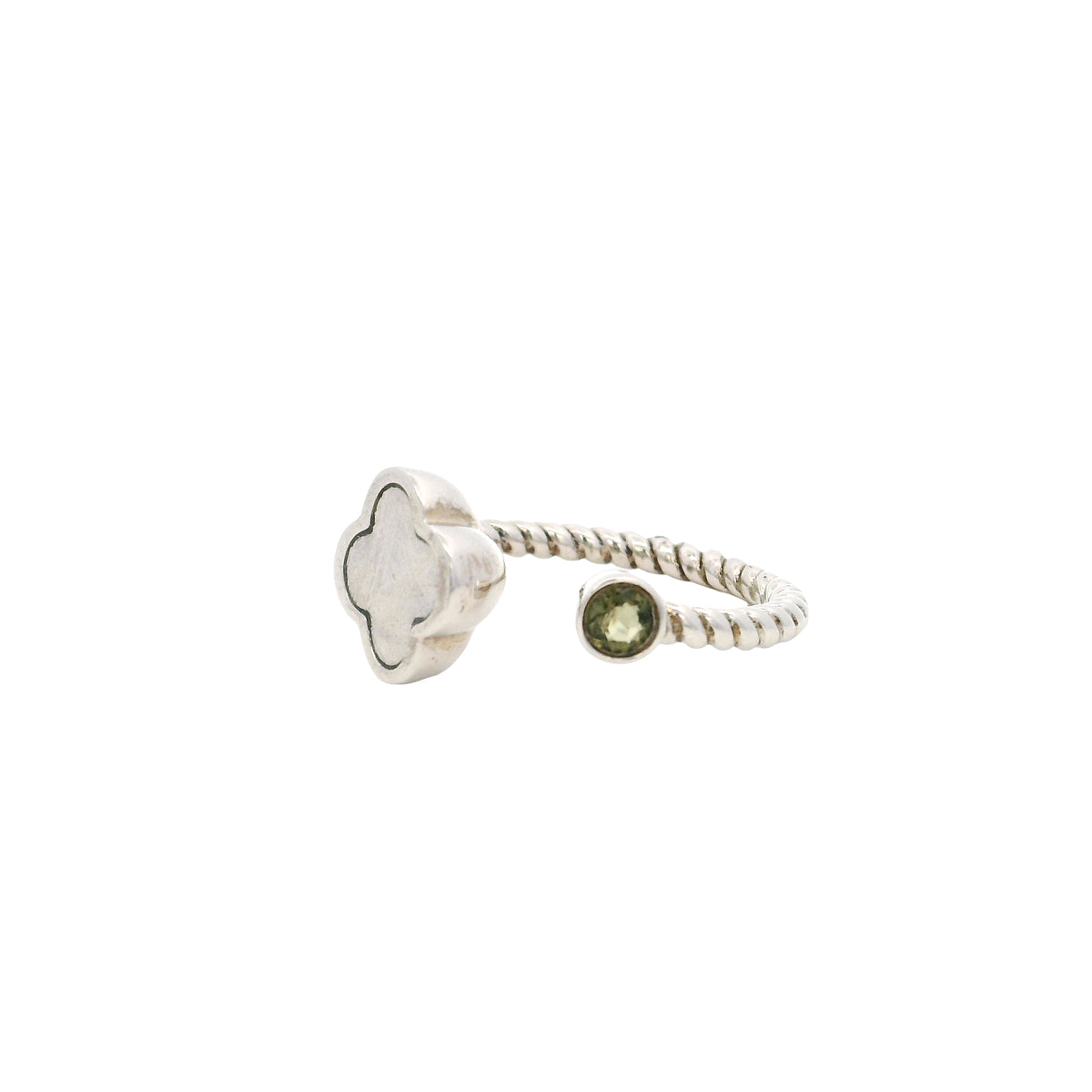 Muonionalusta Meteorite Quatrefoil & Moldavite Ring in Size 5 - Open Duo on Rope Band with Rhodium Overlay
