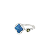 Muonionalusta Meteorite Quatrefoil & Moldavite Ring in Size 5 - Open Duo on Rope Band with Rhodium Overlay