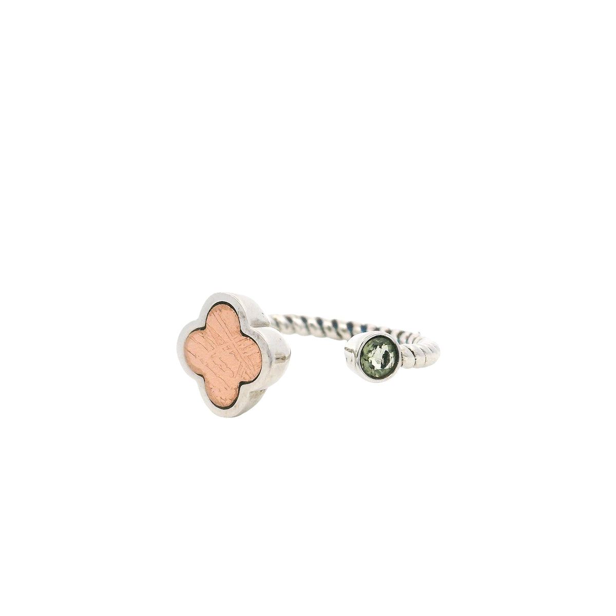 Muonionalusta Meteorite Quatrefoil & Moldavite Ring in Size 5 - Open Duo on Rope Band with Rhodium Overlay