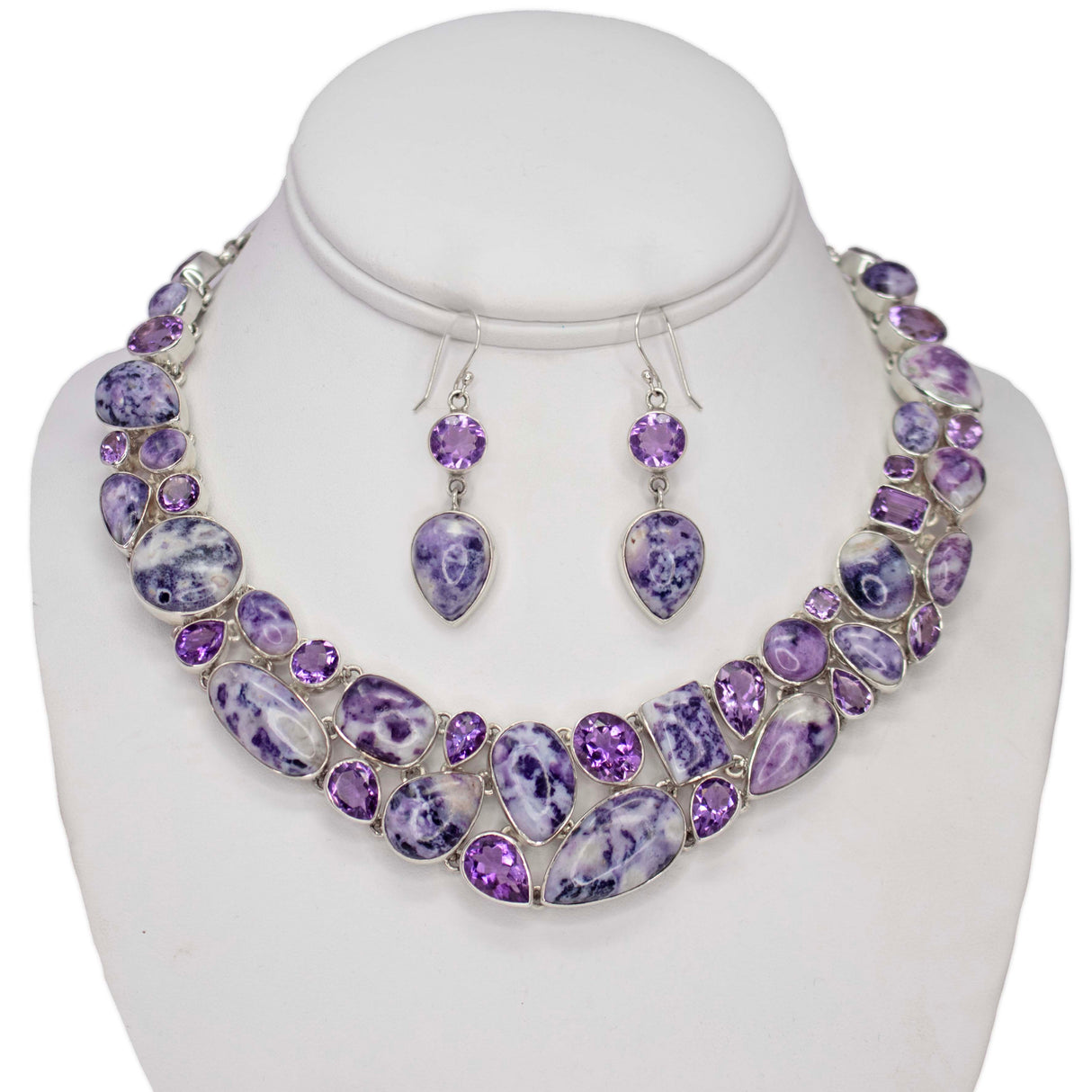 Purple Common Opal Set (Necklace & Dangle Earrings) with Faceted Amethyst