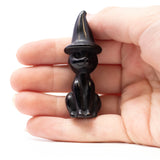 Black Obsidian Cat Carving With Pointed Hat