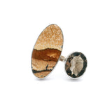 Picture Jasper Cabochon & Faceted Smoky Quartz Duo Ring - Size Adjustable