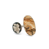 Picture Jasper Cabochon & Faceted Smoky Quartz Duo Ring - Size Adjustable