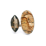 Picture Jasper Cabochon & Faceted Smoky Quartz Duo Ring - Size Adjustable