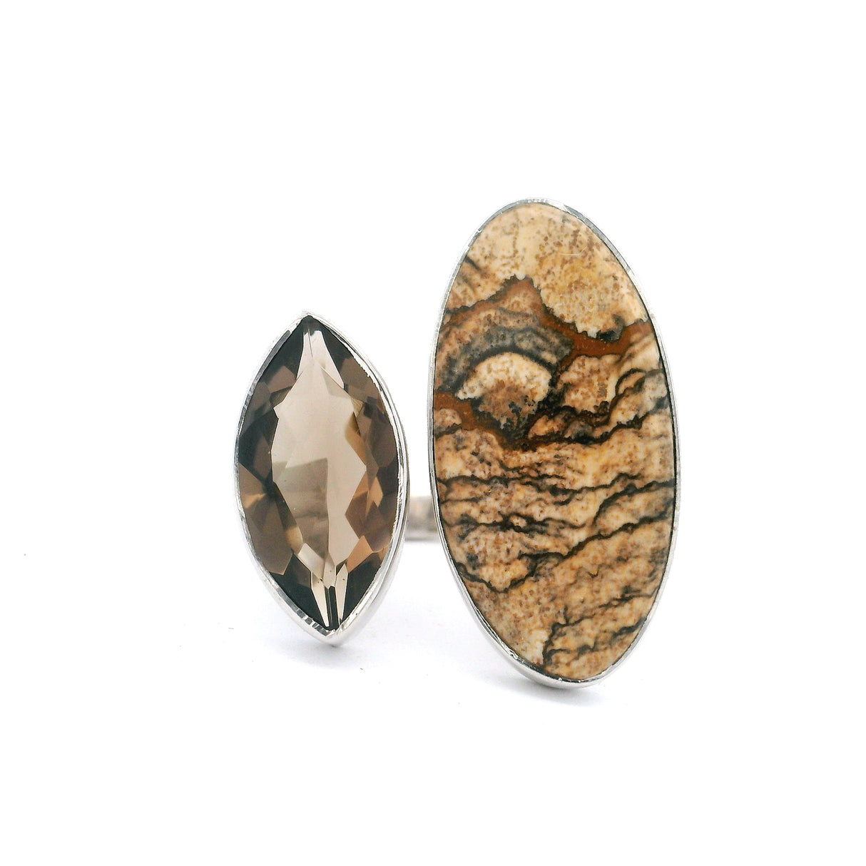 Picture Jasper Cabochon & Faceted Smoky Quartz Duo Ring - Size Adjustable