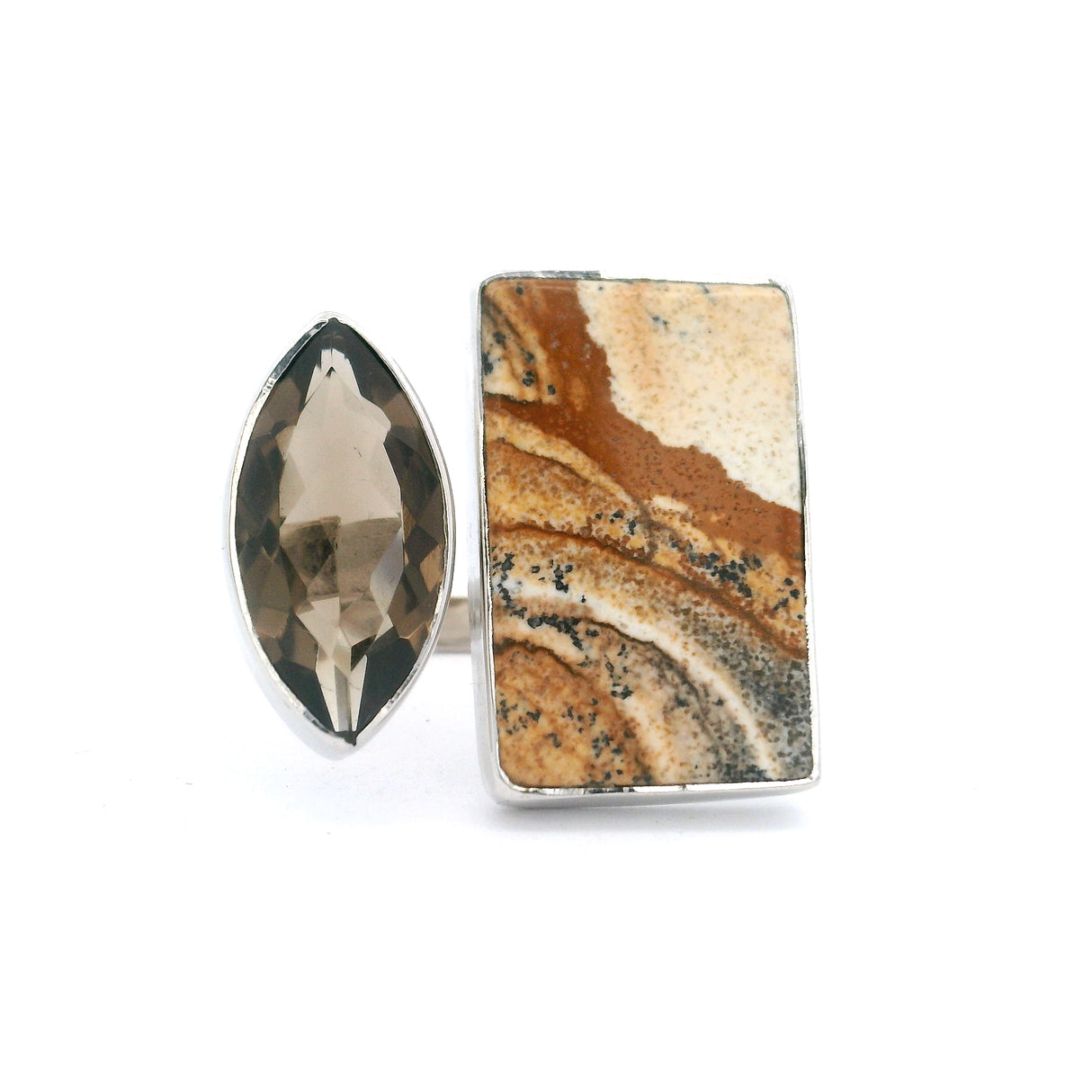 Picture Jasper Cabochon & Faceted Smoky Quartz Duo Ring - Size Adjustable