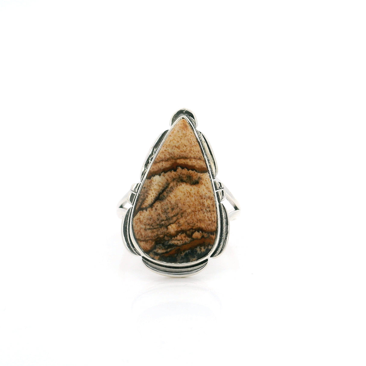 Picture Jasper Cabochon Ring with Silver Flare Design Bezel