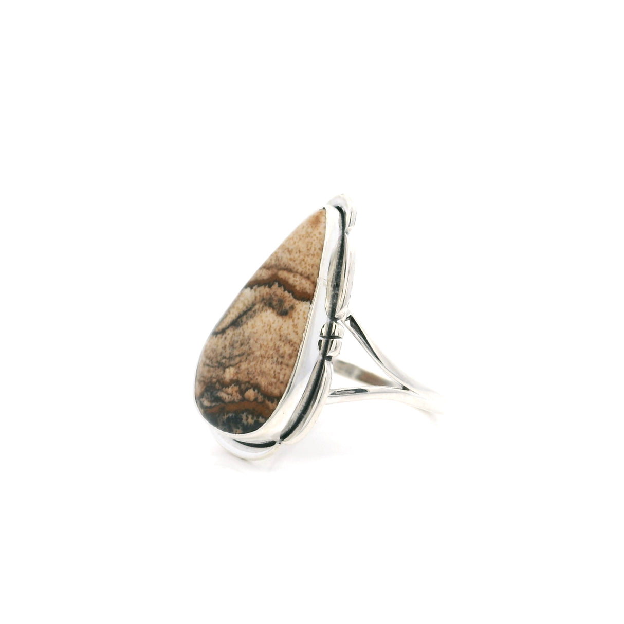 Picture Jasper Cabochon Ring with Silver Flare Design Bezel