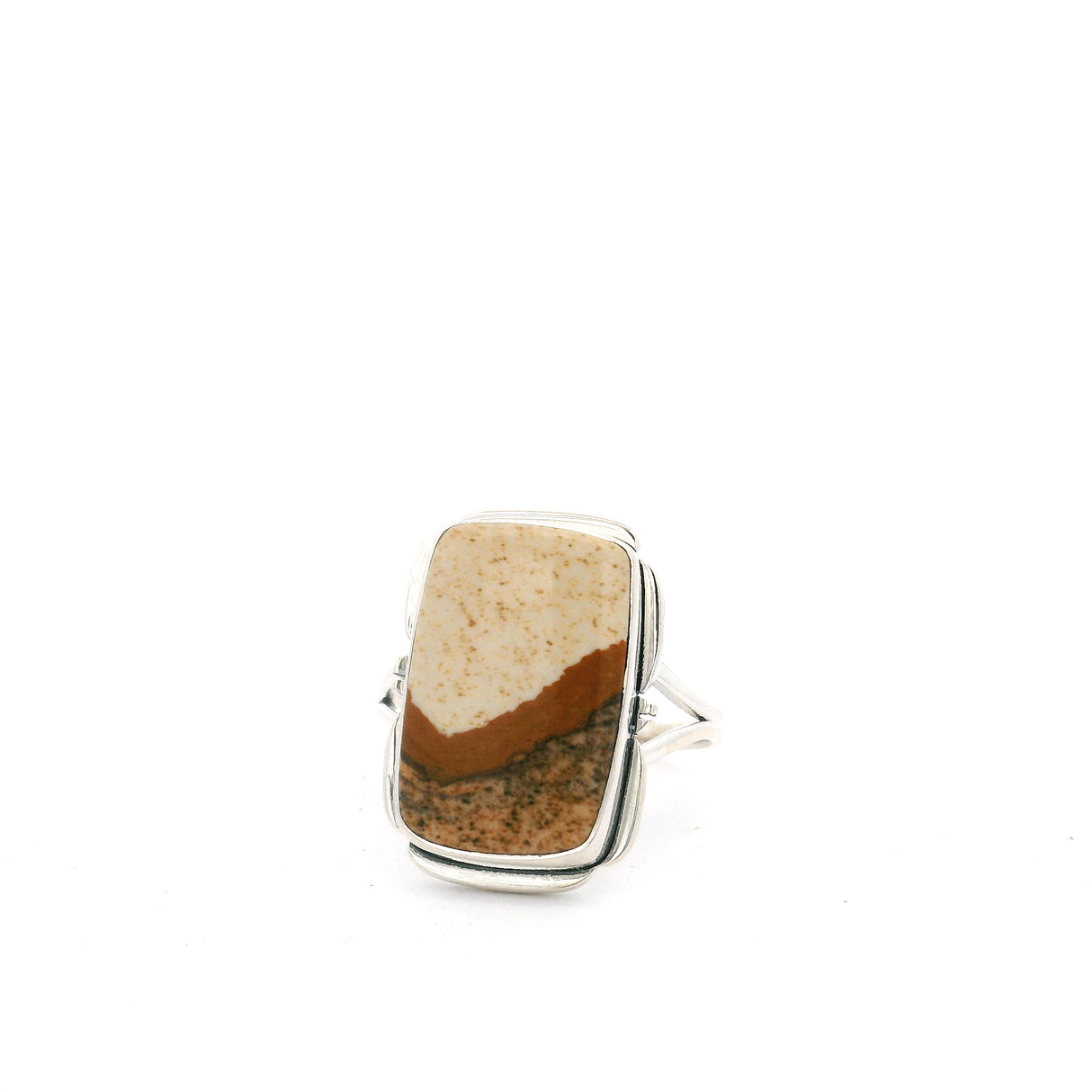 Picture Jasper Cabochon Ring with Silver Flare Design Bezel