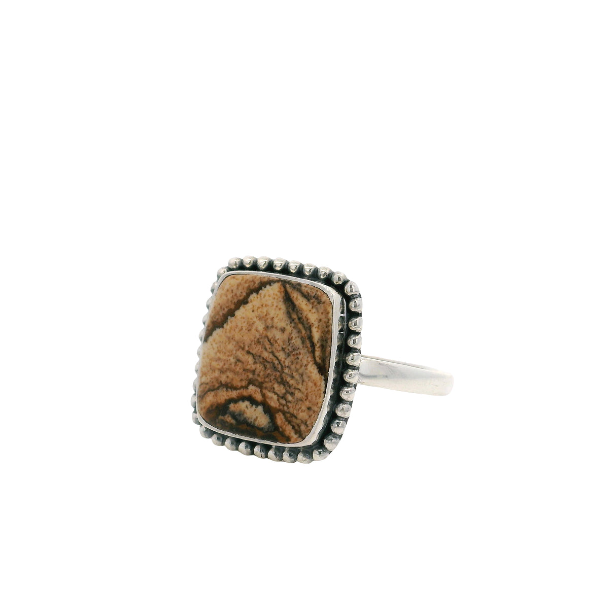 Picture Jasper Cabochon Ring with Studded Bezel Design