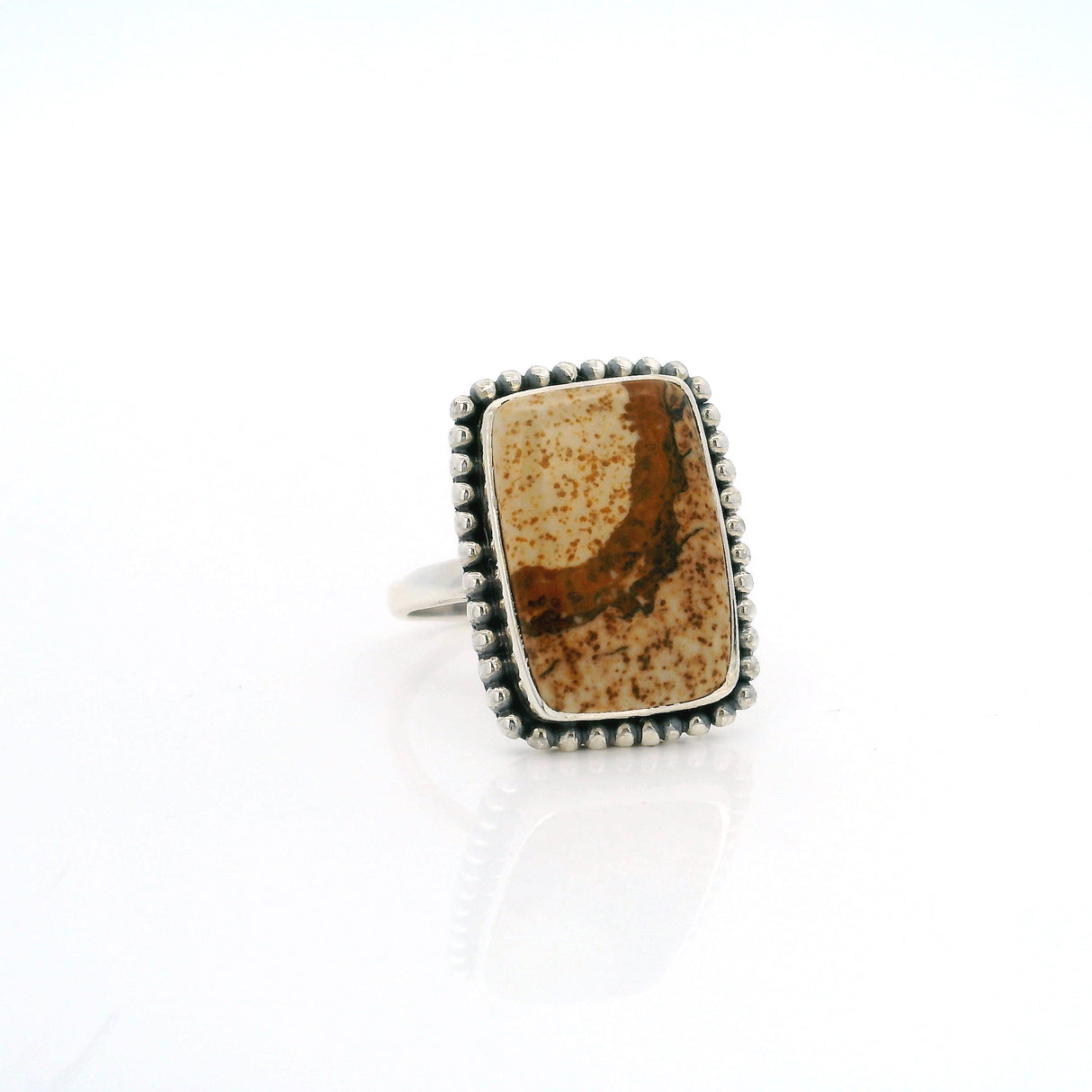 Picture Jasper Cabochon Ring with Studded Bezel Design