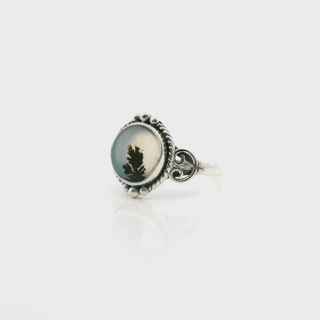 Dendritic Agate Ring - Round Cabochon with Single Dark Brown Thick Dendrite & Rope & Beaded Detail Bezel Set in 925 Sterling Silver sz7