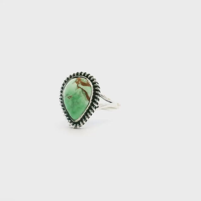 Lemon Chrysoprase Ring - Pear Cabochon with Caramel Inclusions at Bottom & Darker Green at Top Bezel Set with Rope Detail in 925 Sterling Silver sz6