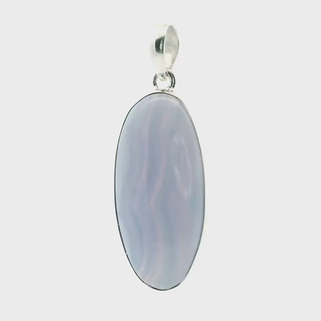 Blue Lace Agate Pendant - Oval Cabochon with Vertical Dark Banding Bezel Set in 925 Sterling Silver