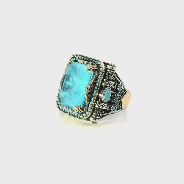 Aquamarine Ring - Faceted Rectangle with Single Row Pave Turquoise Nanostones & 2 Faceted Turquoise Side Ovals & Scroll Accents Fancy Prong Set in 925 Sterling Silver with Gold Vermeil Accents sz11.75