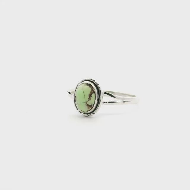 Lemon Chrysoprase Ring - Oval Cabochon with Dark Brown Inclusions on Edge Bezel Set with Line Accents on Double Band in 925 Sterling Silver sz10