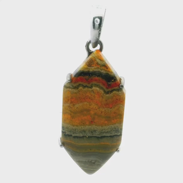 Bumblebee Jasper Pendant - Long Hexagon Cabochon with Gray & Yellow Horizontal Banding Prong Set in 925 Sterling Silver