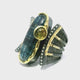Kyanite Ring - Long Oval Cabochon & Faceted Golden Tourmaline Round Between 2 Curved Lines of Single Row Pave Diamonds with Dripped Gold Accents Bezel Set in 925 Sterling Silver sz9.5