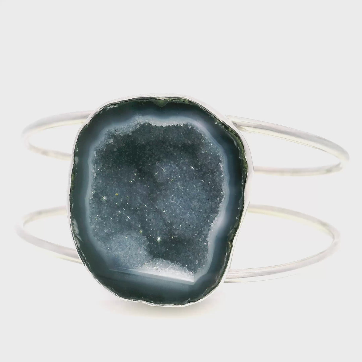 Quartz Druze Geode Classic Double Row Open Back Silver Cuff - Simple Bezel Set
