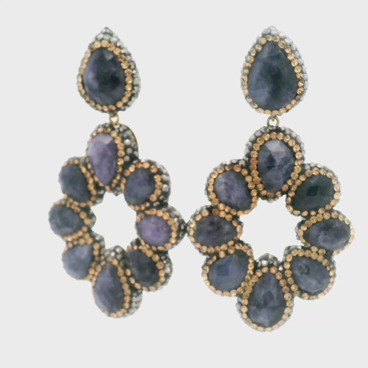 Blue Sapphire Dangle Earrings On-post - 9 Faceted Pears With Marcasite & Gold Swarovski Crystals & Gold Overlay