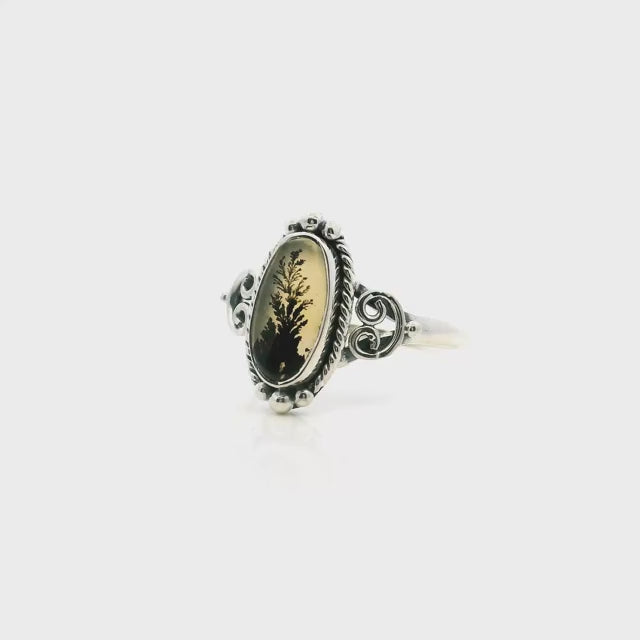 Dendritic Agate Ring - Oval Cabochon with Single Tall Dark Brown Dendrite & Rope & Beaded Detail Bezel Set in 925 Sterling Silver sz9