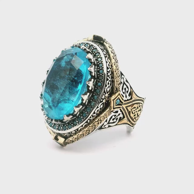 Blue Topaz Ring - Faceted Oval in Designer Sawtooth Setting with Single Row Pave Turquoise Nanostones in 925 Sterling Silver with Gold Vermeil Accents sz9