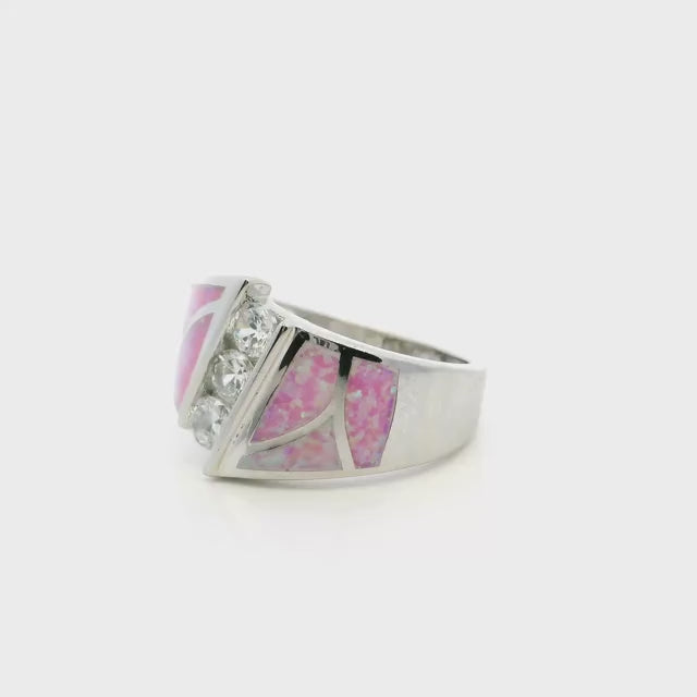 Pink Opal Ring Size 8 - Curved Inlay Band with White Czs